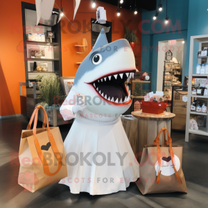 Rust Megalodon mascot costume character dressed with a Wedding Dress and Tote bags