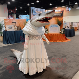 Rust Megalodon mascot costume character dressed with a Wedding Dress and Tote bags