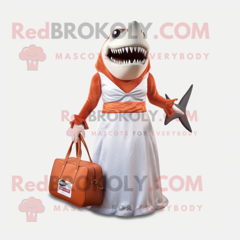 Rust Megalodon mascot costume character dressed with a Wedding Dress and Tote bags