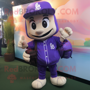 Lavender Baseball Glove mascot costume character dressed with a Dungarees and Backpacks