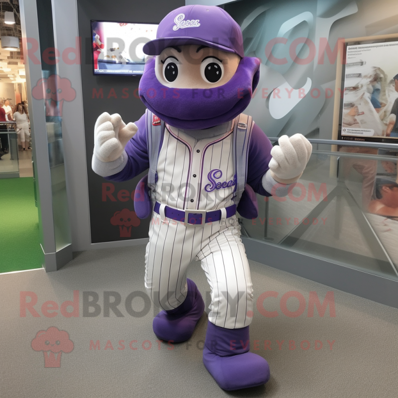 Lavender Baseball Glove mascot costume character dressed with a Dungarees and Backpacks Lavender Baseball Glove mascot costume character dressed with a Dungarees and Backpacks