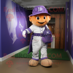 Lavender Baseball Glove mascot costume character dressed with a Dungarees and Backpacks