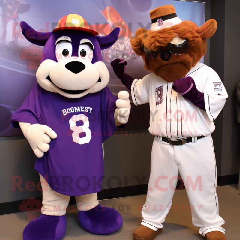 Purple Beef Stroganoff mascot costume character dressed with a Baseball Tee and Watches Purple Beef Stroganoff mascot costume character dressed with a Baseball Tee and Watches