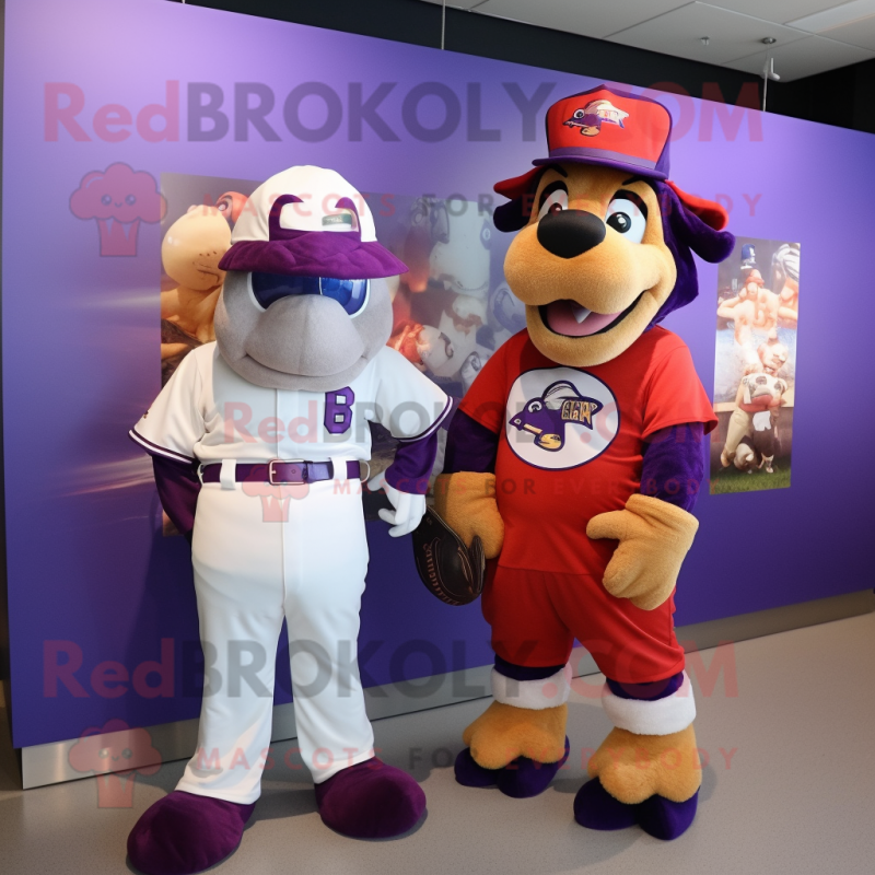 Purple Beef Stroganoff mascot costume character dressed with a Baseball Tee and Watches Purple Beef Stroganoff mascot costume character dressed with a Baseball Tee and Watches