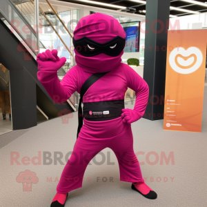 Magenta Ninja mascot costume character dressed with a Wrap Dress and Sunglasses