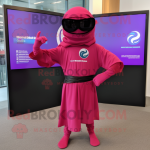 Magenta Ninja mascot costume character dressed with a Wrap Dress and Sunglasses