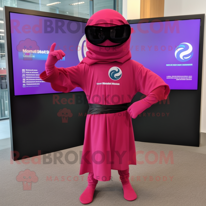 Magenta Ninja mascot costume character dressed with a Wrap Dress and Sunglasses Magenta Ninja mascot costume character dressed with a Wrap Dress and Sunglasses