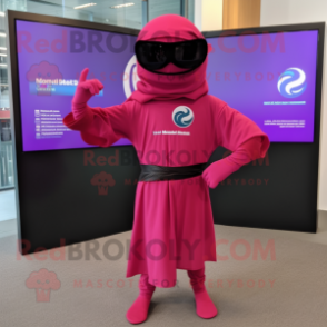 Magenta Ninja mascot costume character dressed with a Wrap Dress and Sunglasses