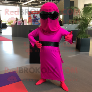 Magenta Ninja mascot costume character dressed with a Wrap Dress and Sunglasses