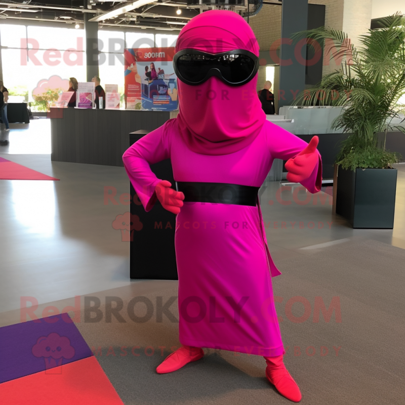 Magenta Ninja mascot costume character dressed with a Wrap Dress and Sunglasses Magenta Ninja mascot costume character dressed with a Wrap Dress and Sunglasses