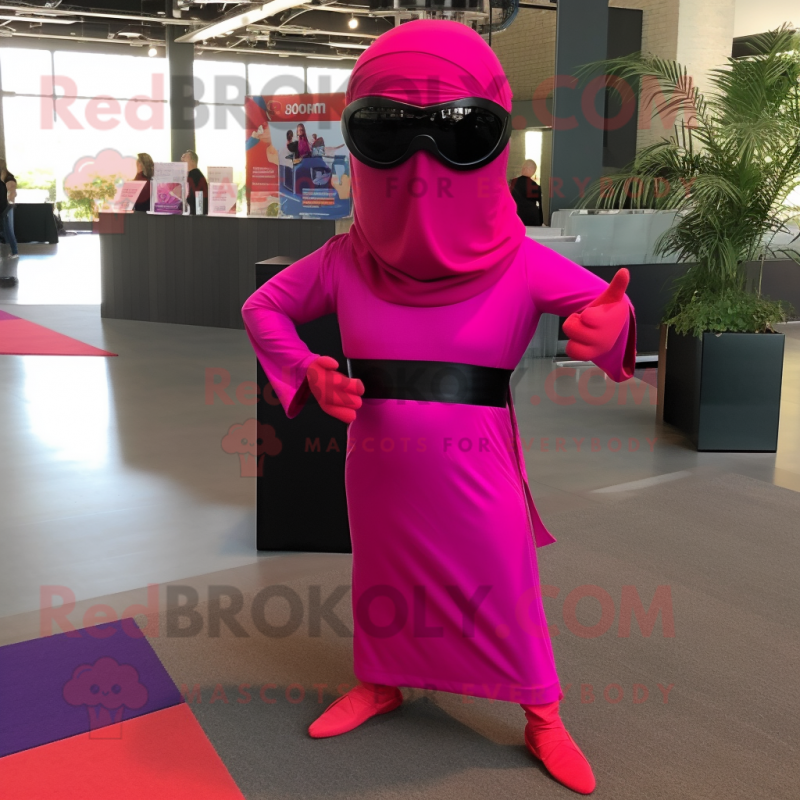 Magenta Ninja mascot costume character dressed with a Wrap Dress and Sunglasses