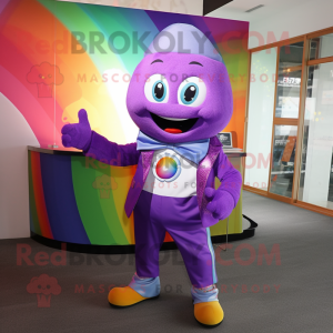 Purple Rainbow mascot costume character dressed with a Suit Jacket and Keychains