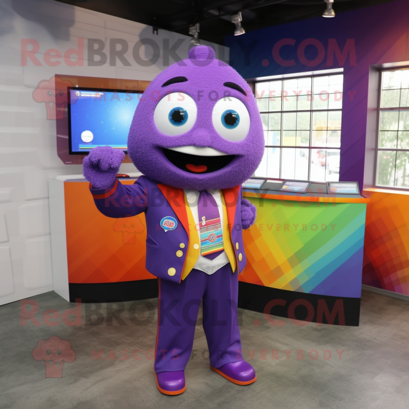 Purple Rainbow mascot costume character dressed with a Suit Jacket and Keychains Purple Rainbow mascot costume character dressed with a Suit Jacket and Keychains