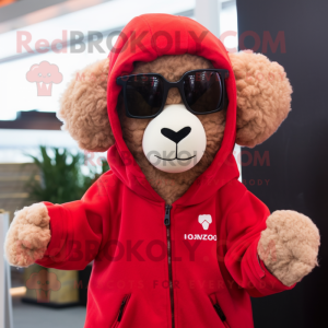 Red Sheep mascot costume character dressed with a Parka and Sunglasses