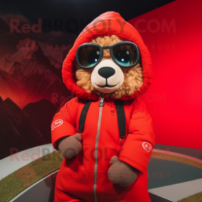 Red Sheep mascot costume character dressed with a Parka and Sunglasses