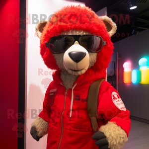 Red Sheep mascot costume character dressed with a Parka and Sunglasses
