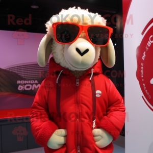 Red Sheep mascot costume character dressed with a Parka and Sunglasses