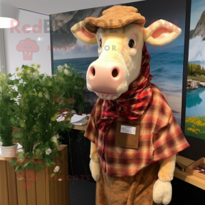 Tan Hereford Cow mascot costume character dressed with a Flannel Shirt and Brooches