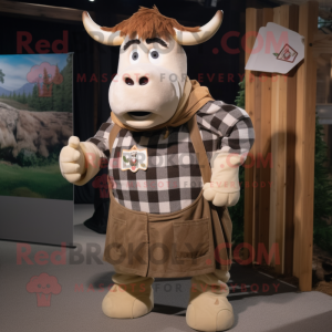 Tan Hereford Cow mascot costume character dressed with a Flannel Shirt and Brooches