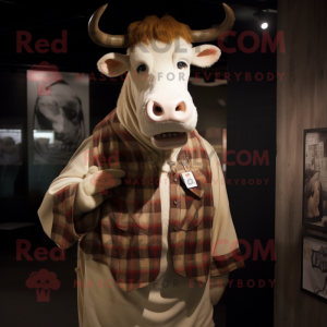 Tan Hereford Cow mascot costume character dressed with a Flannel Shirt and Brooches