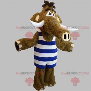 Mascote mamute marrom com uma roupa listrada - Redbrokoly.com