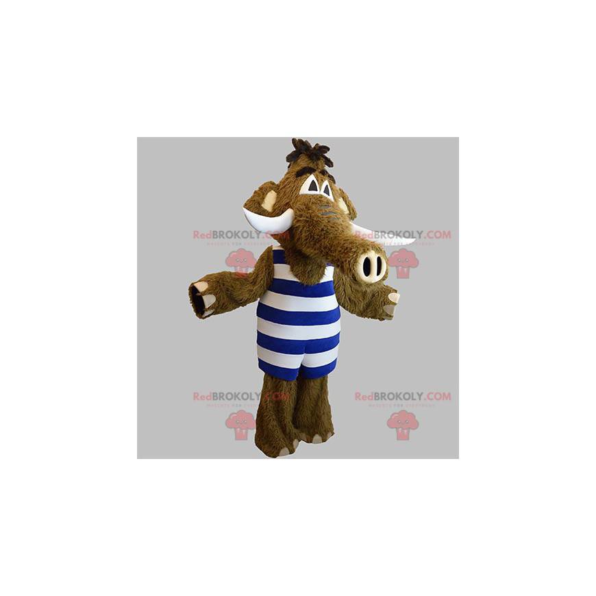 Mascotte de mammouth marron avec une tenue à rayures -