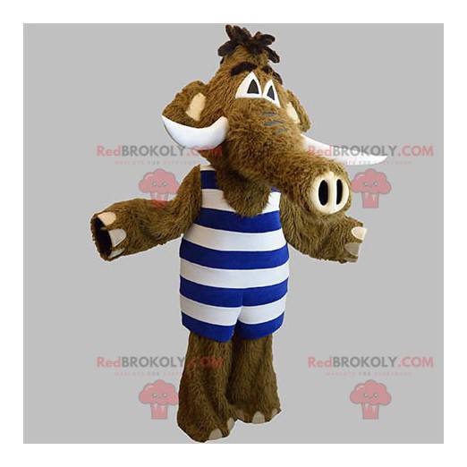 Mascotte de mammouth marron avec une tenue à rayures -