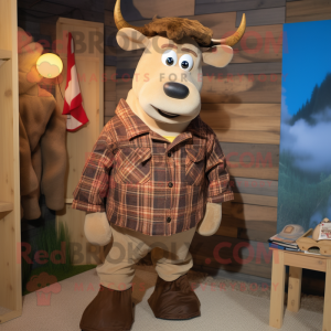 Tan Hereford Cow mascot costume character dressed with a Flannel Shirt and Brooches