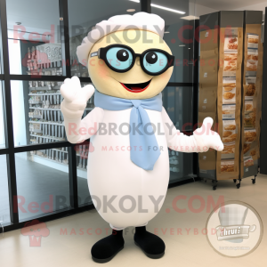 White Bagels mascot costume character dressed with a Culottes and Reading glasses