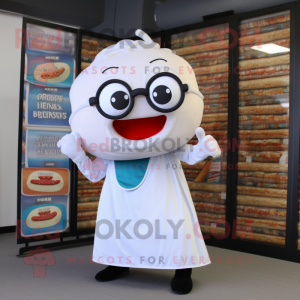 White Bagels mascot costume character dressed with a Culottes and Reading glasses