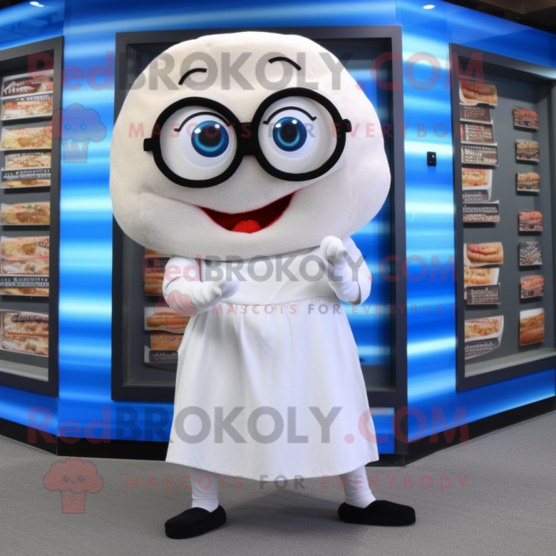 White Bagels mascot costume character dressed with a Culottes and Reading glasses White Bagels mascot costume character dressed with a Culottes and Reading glasses