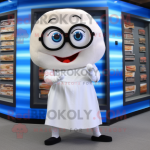 White Bagels mascot costume character dressed with a Culottes and Reading glasses