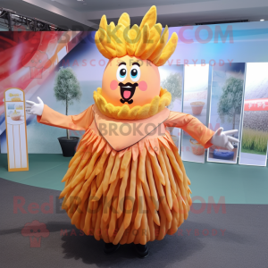 Peach French Fries mascot costume character dressed with a Pleated Skirt and Rings
