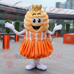 Peach French Fries mascot costume character dressed with a Pleated Skirt and Rings