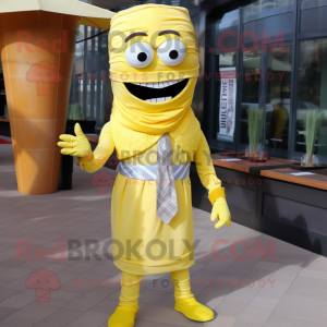 Lemon Yellow Mummy mascot costume character dressed with a Boyfriend Jeans and Bow ties