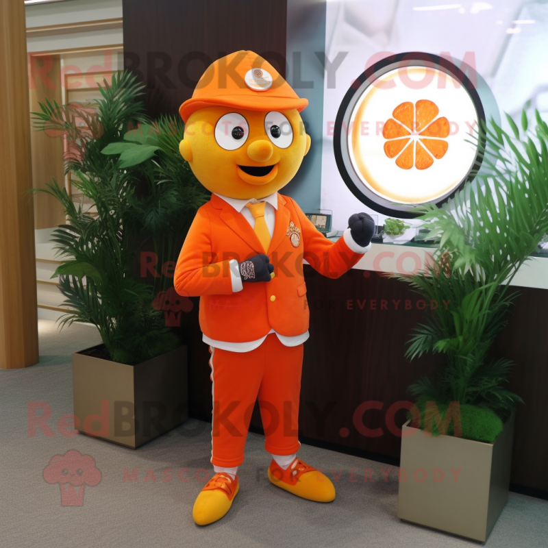 Orange Mandarin mascot costume character dressed with a Dress Pants and Bracelet watches