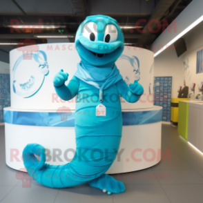 Cyan Snake mascot costume character dressed with a Parka and Bracelets