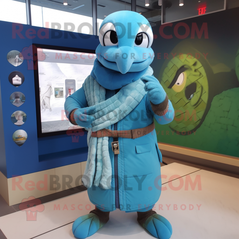 Cyan Snake mascot costume character dressed with a Parka and Bracelets