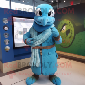 Cyan Snake mascot costume character dressed with a Parka and Bracelets