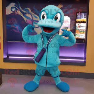 Cyan Snake mascot costume character dressed with a Parka and Bracelets