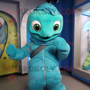 Cyan Snake mascot costume character dressed with a Parka and Bracelets