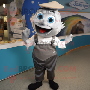 Silver Fish And Chips mascot costume character dressed with a Oxford Shirt and Suspenders