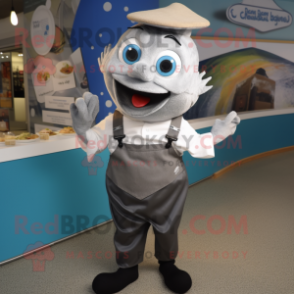 Silver Fish And Chips mascot costume character dressed with a Oxford Shirt and Suspenders