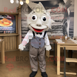 Silver Fish And Chips mascot costume character dressed with a Oxford Shirt and Suspenders