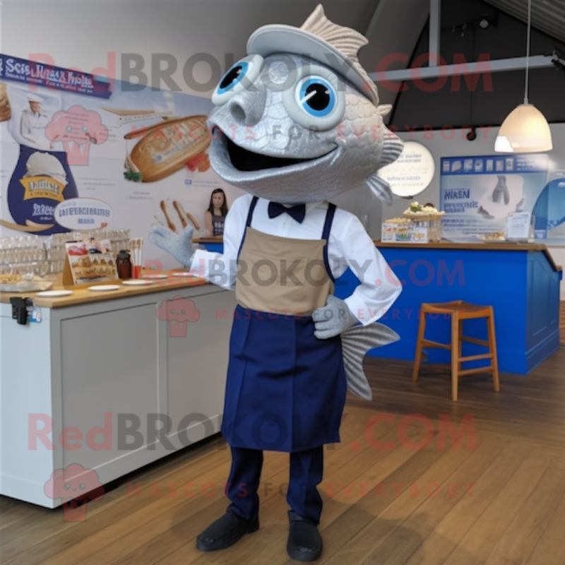 Silver Fish And Chips mascot costume character dressed with a Oxford Shirt and Suspenders