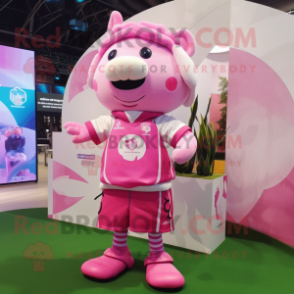 Pink Pendant mascot costume character dressed with a Rugby Shirt and Scarves
