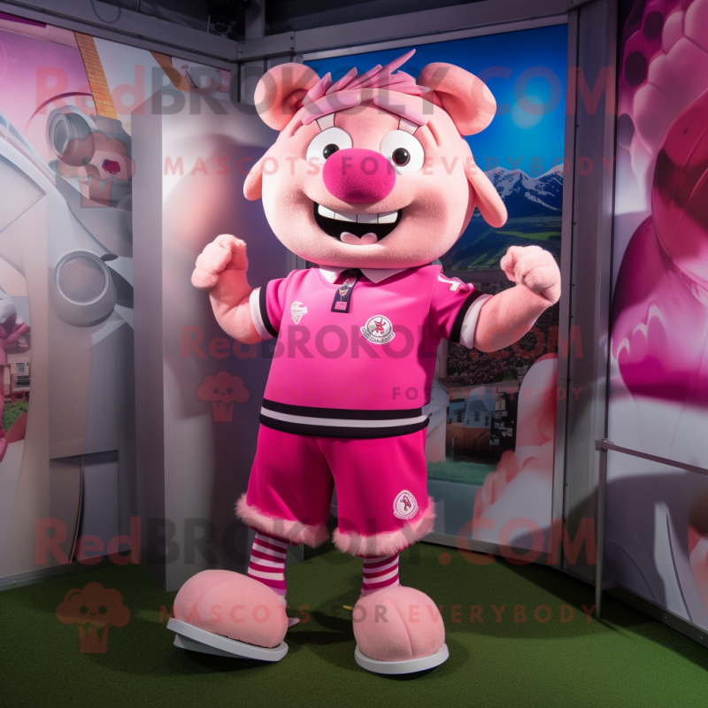 Pink Pendant mascot costume character dressed with a Rugby Shirt and Scarves Pink Pendant mascot costume character dressed with a Rugby Shirt and Scarves