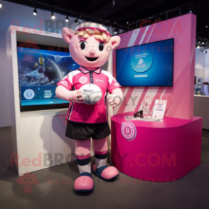 Pink Pendant mascot costume character dressed with a Rugby Shirt and Scarves