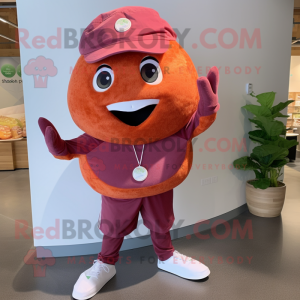 Maroon Grapefruit mascot costume character dressed with a Henley Shirt and Earrings