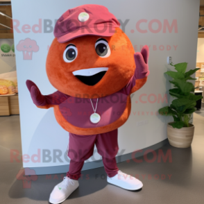 Maroon Grapefruit mascot costume character dressed with a Henley Shirt and Earrings